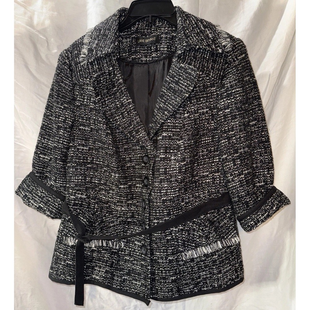 Lane Bryant Black White Tweed Fringe Belted Blazer Jacket Womens Plus Size 16